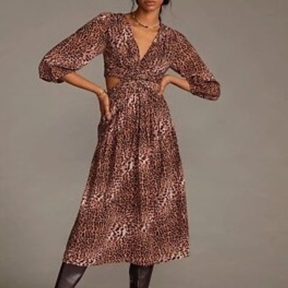 RANNA GILL Leopard Print Midi Dress Cutout‎ Twist Front Long Sleeve